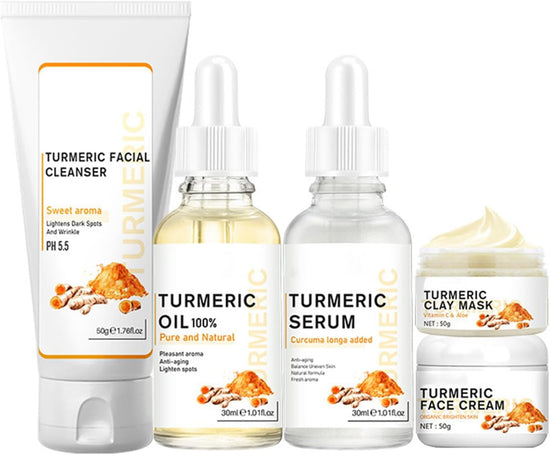 5PCS Turmeric Skin Care Kit Including Turmeric Facial Cleanser, Turmeric Clay Mask, Turmeric Oil, Turmeric Serum and Turmeric Face Cream