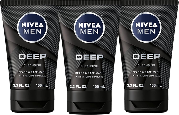 DEEP Cleansing Beard and Face Wash, Enriched with Natural Charcoal, 3 Pack of 3.3 Fl Oz Tubes