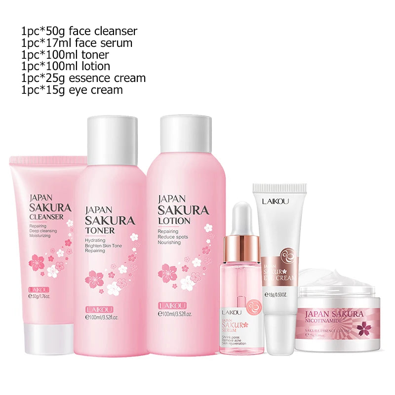 Japan Sakura Facial Cleaner Korean Face Serum Exfoliating Peeling Gel Moisturize Toner Eye Cream Sunscreen Cosmetic Skincare Set