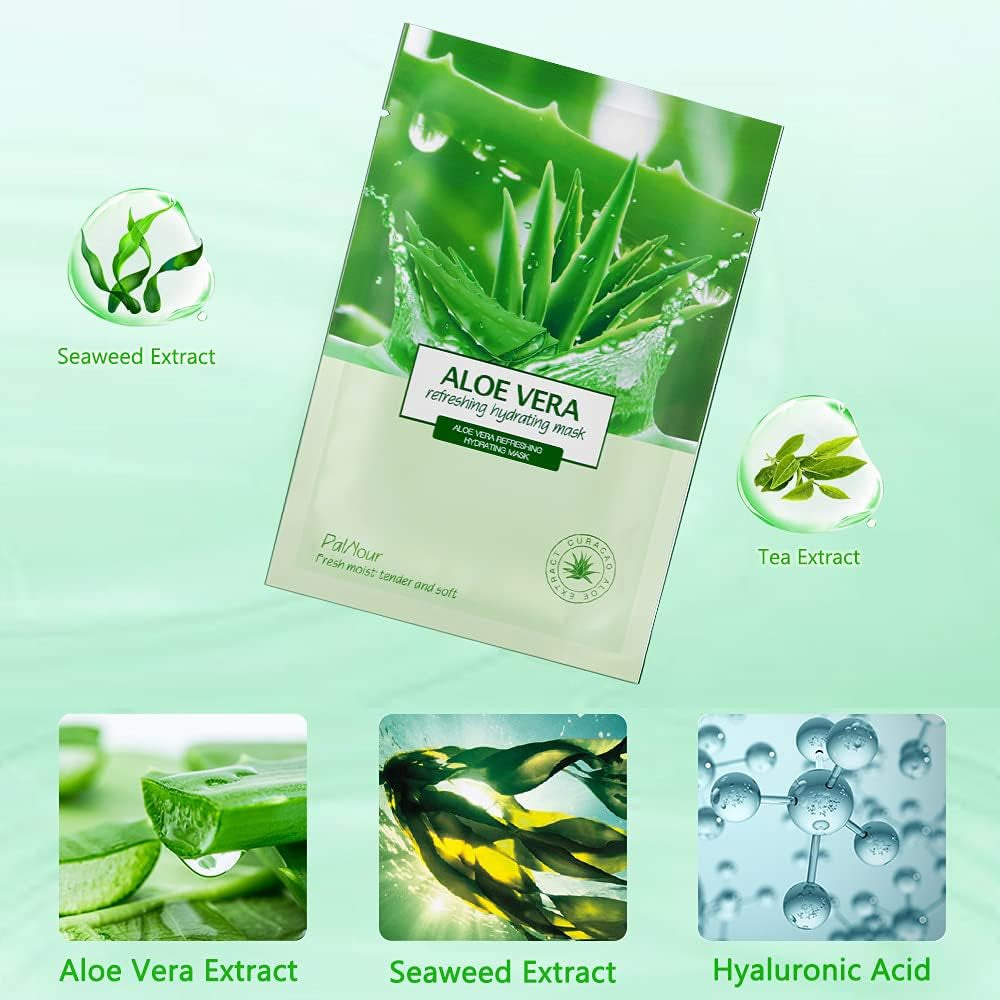 Aloe Facial Skincare Sheet Hydrating Moisturizing Revitalizing Facial Skincare Sheet for Dry, Oily, Sensitive and Tired Skin 25Ml/0.8Oz, Pack of 10