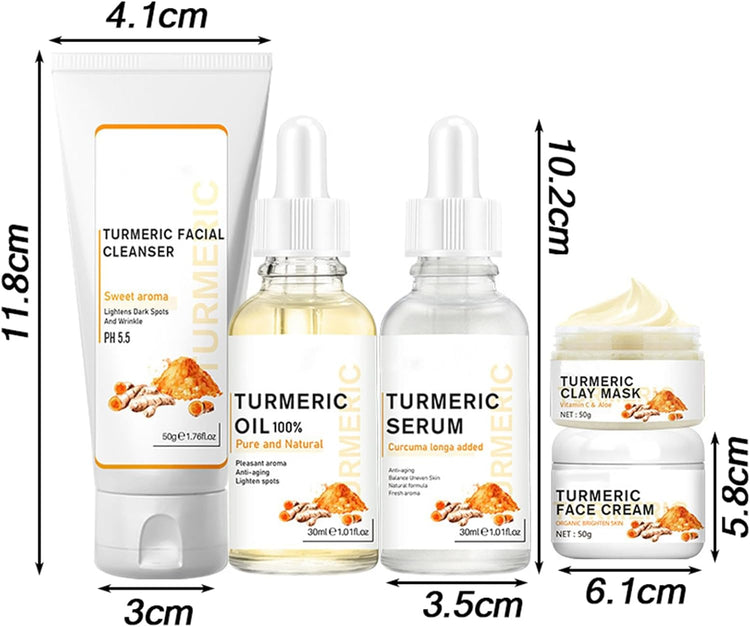 5PCS Turmeric Skin Care Kit Including Turmeric Facial Cleanser, Turmeric Clay Mask, Turmeric Oil, Turmeric Serum and Turmeric Face Cream