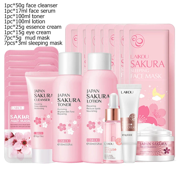 Japan Sakura Facial Cleaner Korean Face Serum Exfoliating Peeling Gel Moisturize Toner Eye Cream Sunscreen Cosmetic Skincare Set